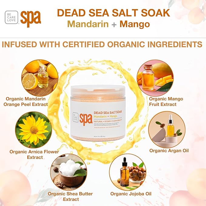 BCL Spa Mandarin Mango Dead Sea Salt Soak – Professional Age-Defying Soak for Pedicure, Manicure & Bath Salts, Softens Skin, Foot Soak Spa Self Care for Women, Made in USA, 16 oz