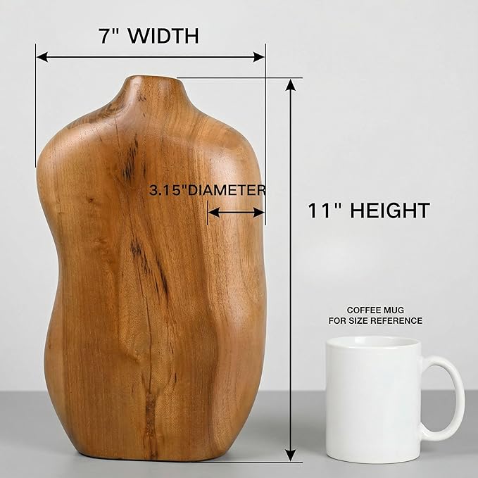 Wooden Decorative Vase, Teak Wood Vase for Home Decor, Farmhouse Boho Table Centerpiece for Living Room Dining Table (No Plants Included)