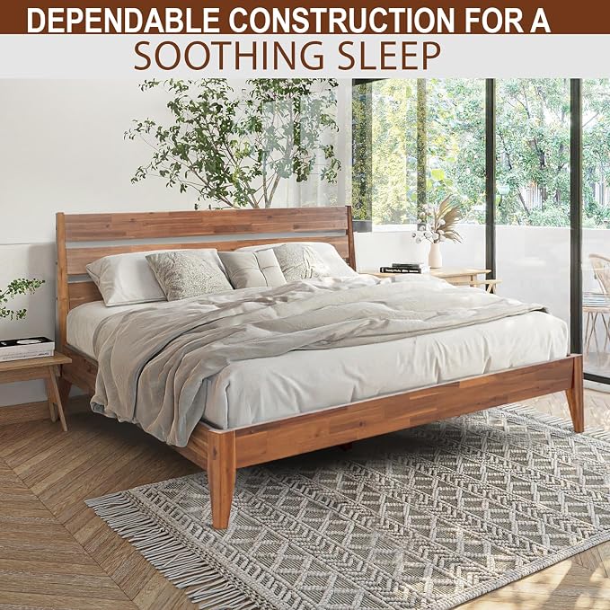 Acacia Emery Bed Frame with Headboard Solid Wood Platform Bed, King Size Bed Frame, Mid - Century Modern Wood Bed Compatible with All Mattresses, Easy Assembly, Non-Slip, Walnut