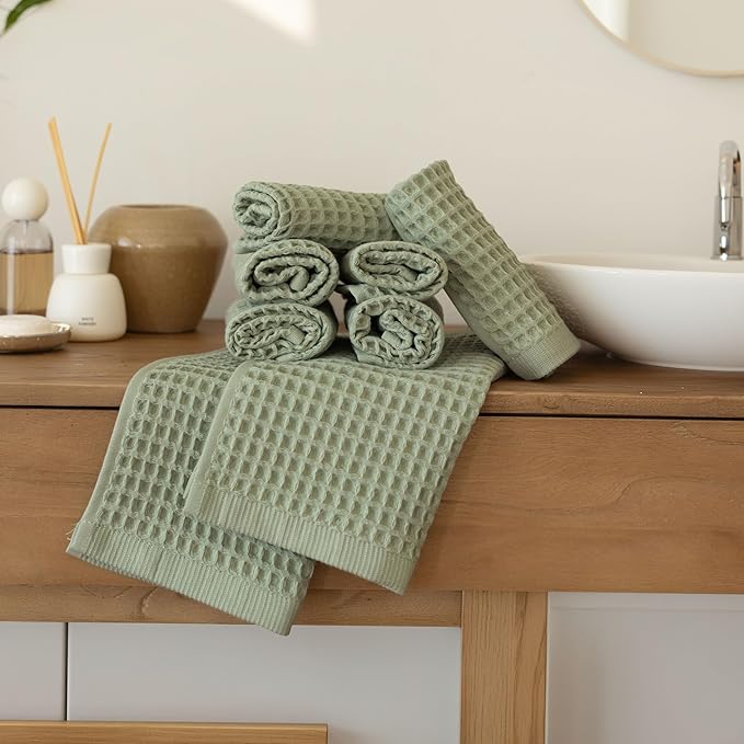 Waffle Washcloths Set of 8 Sage Green - Premium Quality 100% Turkish Cotton Face Washcloth, Soft Makeup Towel, Shower Cloth, Kitchen Towel (Sage, Set of 8 Washcloths)