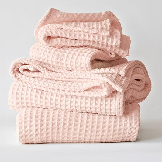 4-Piece Waffle Towels Set for Bathroom - Soft 100% Turkish Cotton Quick-Dry Lint-Free Waffle Weave Thin Bath and Hand Towels (Light Pink, 2 Bath & 2 Hand Towel Set)