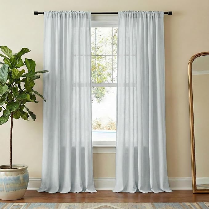 NICETOWN Linen Blend Light Cyan Curtains 84 inches Long, Rod Pocket & Back Tab Light Filtering Semi Sheer Window Treatments Privacy Added Drapes for Living Room, W55 x L84, 2 Panels