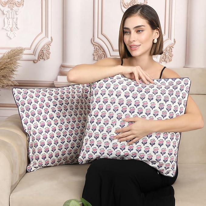 SheetKart Pure Cotton Throw Pillow Covers - Set of 2 - Hand Block Pure Cotton Printed Boho Decorative Pillow Covers - Cushion Covers for Living Room, Bohemian Theme, 16 x 16 Inches, Lavender Whisper