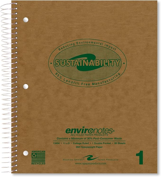 ROARING SPRING Environotes Recycled Spiral Notebook, College Ruled 1 Subject Notebook, 11" x 9", 80 Perforated Sheets, 20 lb Recycled Paper, Double Pocket, 3 Hole Punched, Made in USA