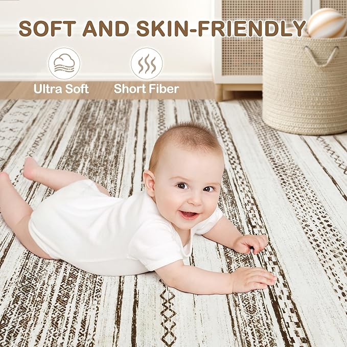 Tortania Area Rug Living Room Rugs - 8x10 Washable Large Soft Neutral Boho Moroccan Bohemian Farmhouse Rug Indoor Floor Carpet for Bedroom Under Dining Table Home Office Decor - Cream Brown