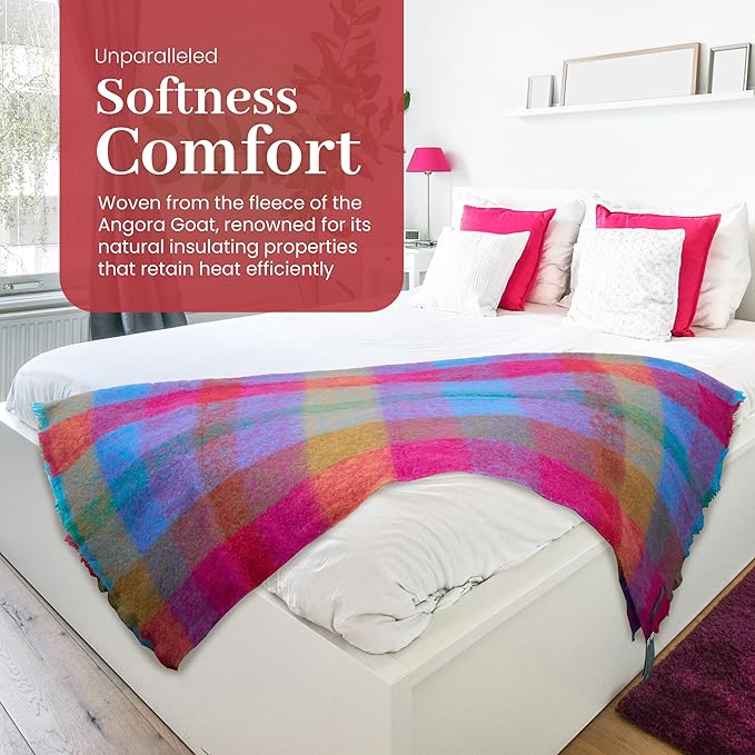 Biddy Murphy Ultra Soft Irish Mohair & Wool Throw Blanket, Made in Ireland, 54"x72", Bright Pink Mustard Purple & Aqua Block Check