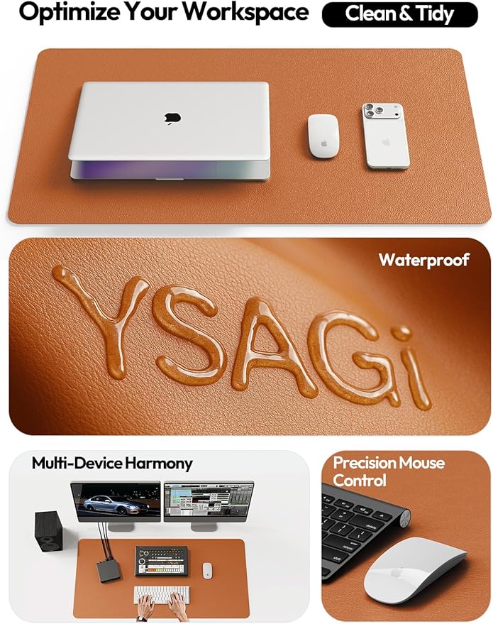 YSAGi Leather Desk Protector, Office Mat, Large Mouse Mat, Non-Slip PU Leather Blotter, Laptop Desk Mat, Waterproof Writing Pad for Office and Home (Brown, 35.4" x 17")