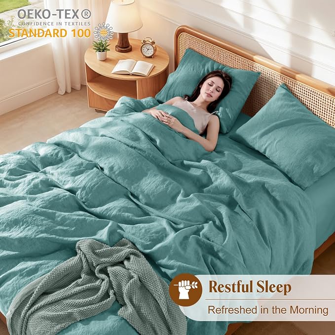 LBRO2M 100% France Linen Duvet Cover Set 3 Pcs Including 1 Flax Comforter Cover with Zipper Closure, 2 Pillowcase, Cozy Duvet Cover King Size, Aqua