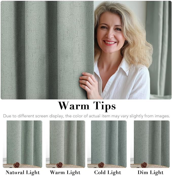 H.VERSAILTEX Blackout Curtains Linen Curtains 120 inches Long 100% Black Out Curtains for Bedroom Windows, Textured Linen Look Draperies Grommet with White Liner, 2 Panels, Green Bay