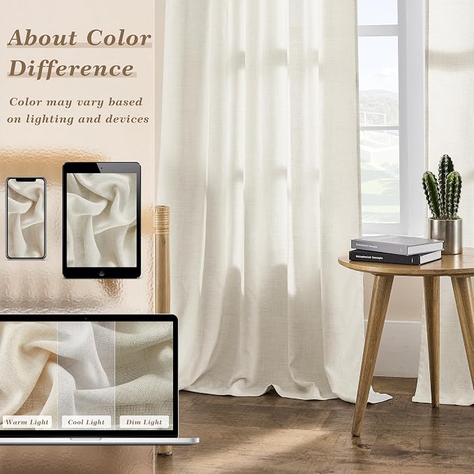 120 Inch Long Linen Curtains Natural Large Tall Rod Pocket Hook Belt Window Drapes Semi Sheer Light Filtering Privacy High Ceiling Curtain for Living Room Farmhuse 120 Inch Length 2 Panels