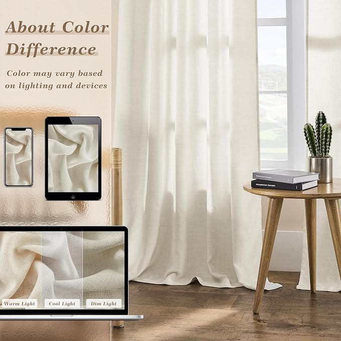 Natural Linen Curtains 63 Inch Length for Bedroom Kitchen Laundry Room Rustic Rod Pocket Hook Belt Semi Sheer Cream Window Curtains 63 Inches Long Light Filtering Privacy Farmhouse 2 Panels