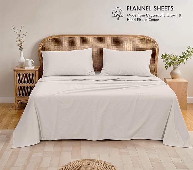 RUVANTI Flannel Sheets Full Size - GOTS Certified 100% Organic Cotton, 4 Piece Warm, Soft & Breathable Set, Deep Pocket Snug Fit, Double Brushed Cozy All Season Bedding, Natural