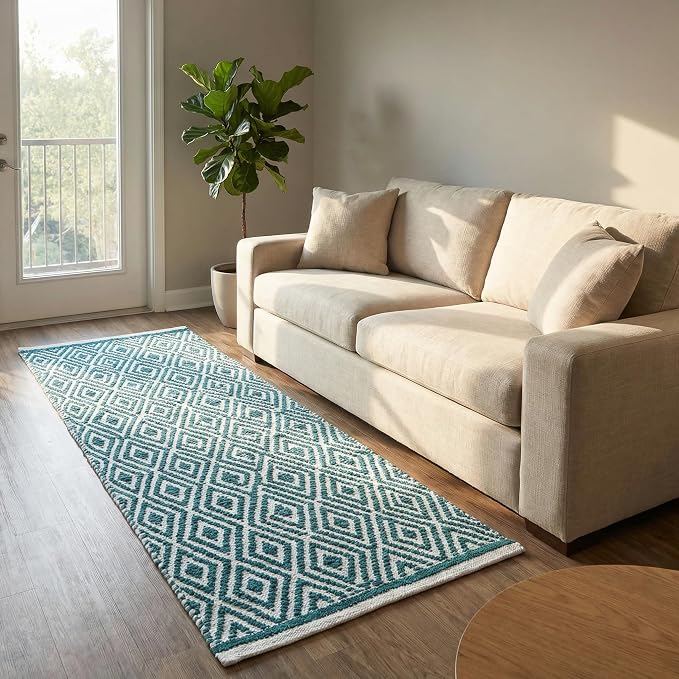 Chenille Cotton Diamond Runner Rug 2x5 Feet - Teal, Reversible Washable Soft Floor Runners Ideal for Kitchen, Hallway, Bedroom, Bathroom | Green Farmhouse Boho Indoor Use Rugs for Patio Décor