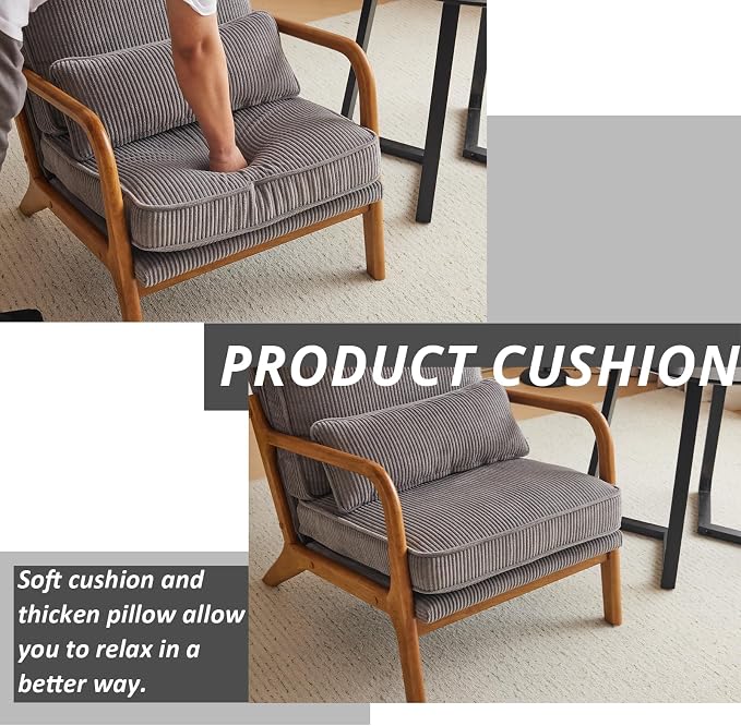 Karl home Mid-Century Modern Accent Reading Chair, Grey | Corduroy Upholstered, Solid Wood Frame, Soft Cushion, Lumbar Pillow, Lounge Armchair for Living Room, Bedroom, Balcony, Study