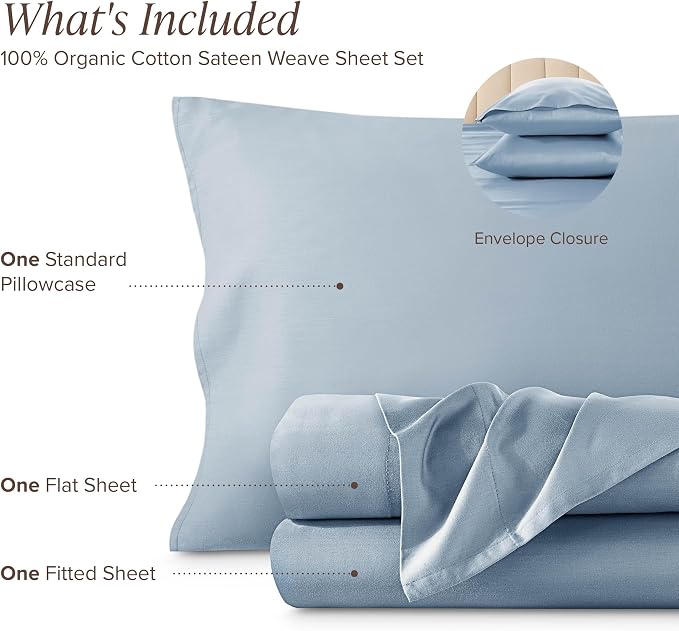 Bare Home 100% Organic Cotton Twin Extra Long Sheet Set - 400 Thread Count - Smooth Sateen Weave - Breathable & Cooling - Hotel Luxury Set - Deep Pocket Bed Sheets (Twin XL, Dusty Blue)