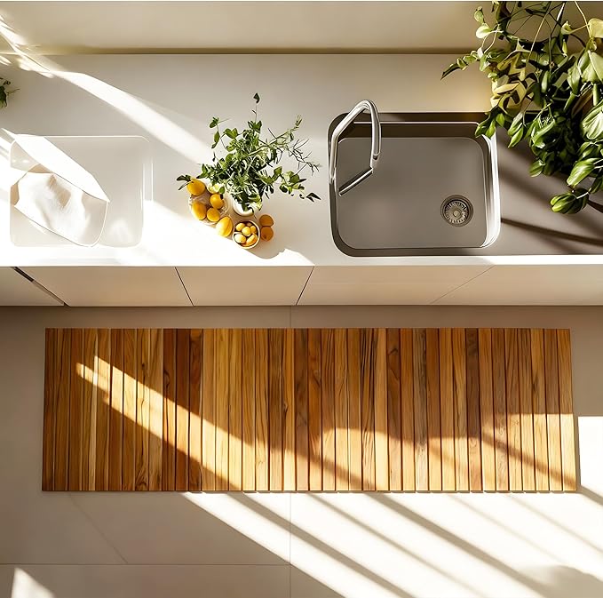Utoplike Teak Wood Mat for Bathroom Dry Areas, Floor Mat with Non-Slip Rubber Back, Rollable, Fit for Kitchen, Vanity Area, Powder Room, Bath Room Entrance, Entryway Décor