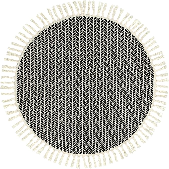 Lahome Belle Boho Black and White Round Rug 3ft, Small Circle Bathroom Kitchen Rug Lightweight Washable Rugs for Entryway with Tassels, Farmhouse Cotton Non Shedding Round Mat for Bath Dorm Bedroom