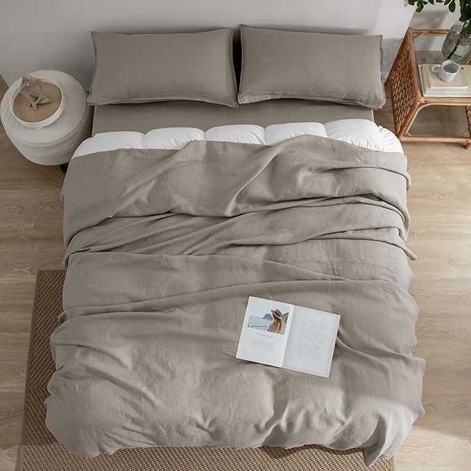 EVERLY Linen California King Sheets Set,100%French Washed Linen Bed Sheets Deep Pocket Sheets,4Pieces(1Flat Sheet,1Fitted Sheet,2Pillowcases)Suitable for Hot Sleepers,180GSM Natural Linen Bedding Set
