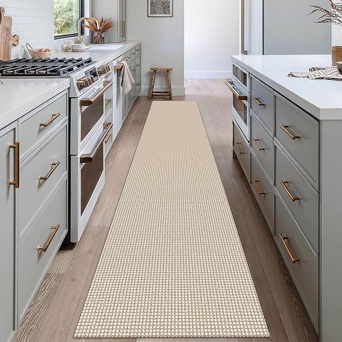 EARTHALL Woven Runner Rug 2x12 Ft Washable Runners for Hallways Extra Long Cotton Non Slip Rubber Backed Kitchen Runner Braided Indoor Floor Carpet for Entryway, Hall, Kitchen, Beige/Ivory