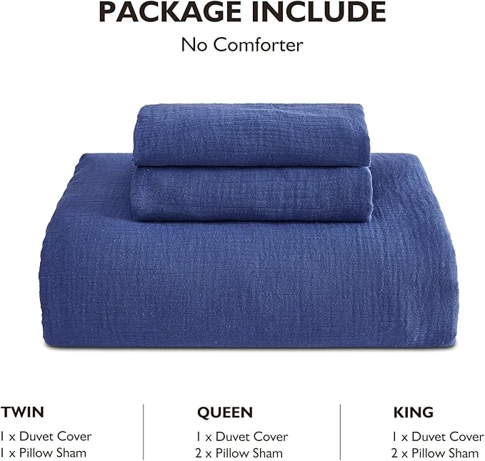 EMME Muslin Cotton Duvet Cover Set Navy Queen Size Linen Like Soft Breathable Lightweight Summer Comforter Cover Set with Zipper Closure (Navy, Queen, 90"x90")