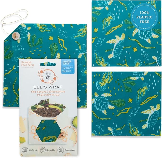 Bee's Wrap Beeswax Wraps for Food - 3 Pack of Assorted Beeswax Wraps - 2 Medium & Sandwich Wrap - Plastic Free Made in USA Reusable Natural Food Wrap - Ocean