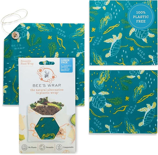 Bee's Wrap Beeswax Wraps for Food - 3 Pack of Assorted Beeswax Wraps - 2 Medium & Sandwich Wrap - Plastic Free Made in USA Reusable Natural Food Wrap - Ocean