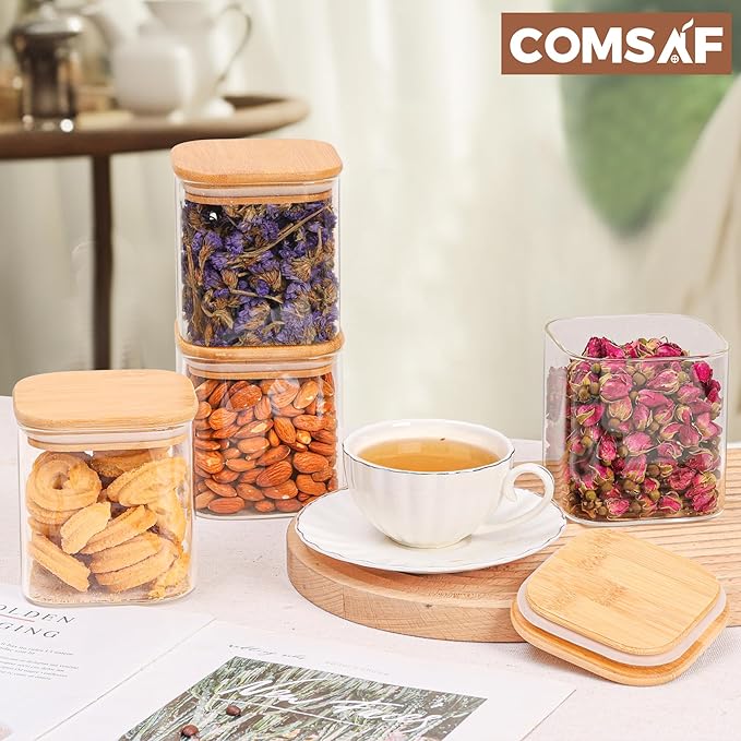 ComSaf 27oz&24oz Set of 13 Glass Storage Containers with Lids, Glass Jars with Bamboo Lids, Clear Food Storage Jar, Round Glass Canister, Pantry Organizers and Storage for Pasta Flour Coffee Bean