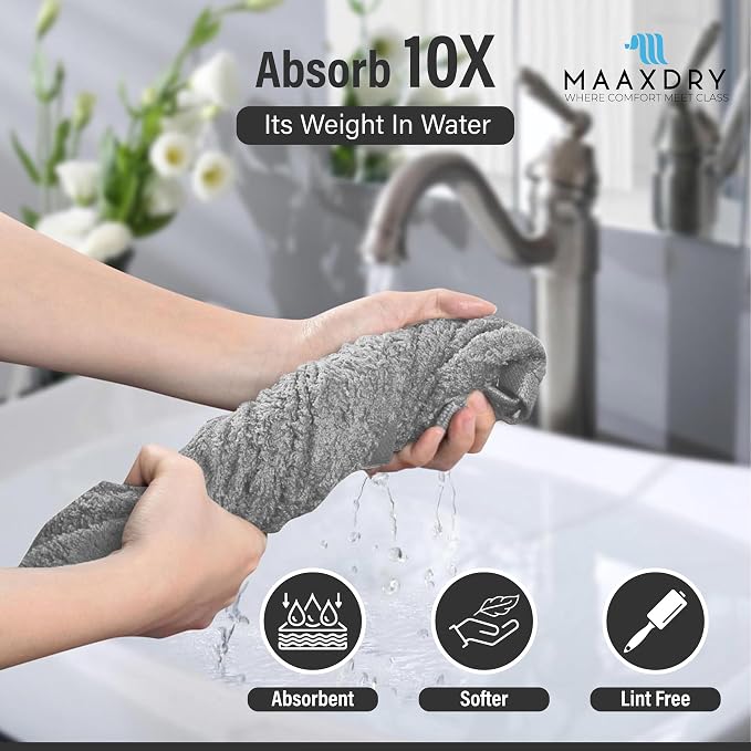 100% Cotton Large Hair Towel Wrap for Women, Men & Kids – Non-Microfiber 450 GSM Thick Super Absorbent Hair Towel 26x40 Inches, Secure Elastic Hair Wrap for Long & Curly Hair (Grey)