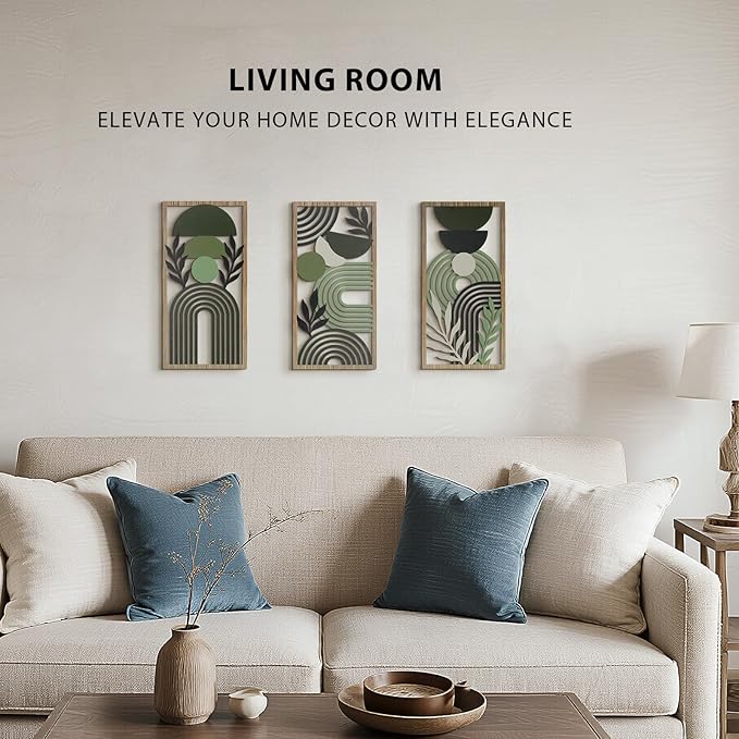 VIYYIEA Boho Solid Wood Carved Wall Art Set of 3, Geometric Minimalist Wooden Home Decor Panels, Handcrafted Solid Wood Wall Hanging for Living Room Bedroom Hallway, 16 x 8 Inch Each (Boho Green)