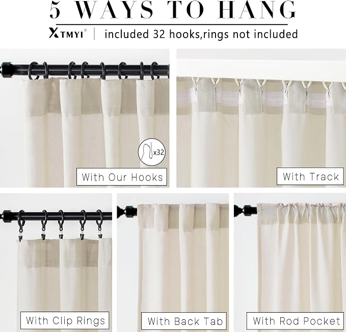 XTMYI Light Beige Curtains for Living Room,Linen Semi Sheer Light Filtering Farm House Curtain Set for Home Studio,9 FT 108 Inches Long
