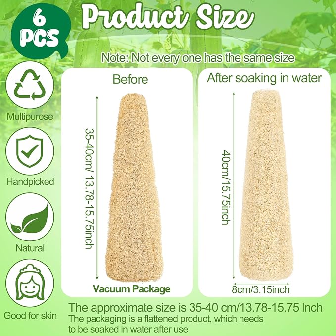 6 Pack Natural Loofah Sponge 13.8-15.7 Inch for Kitchen Bath & Body Scrub Organic Exfoliating Sponge for Dishes Skin Men Women