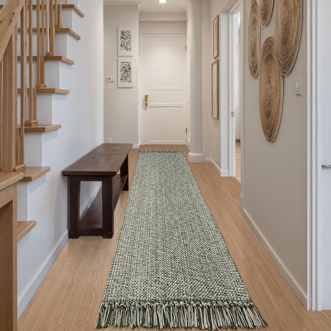 Collive Washable Boho Carpet Runners for Hallway 2.6x12ft, Farmhouse Long Rugs for Kitchen Cotton Hand Woven Bedroom Runner Rug Olive Green/Cream Low Pile Natural Floor Carpet for Indoor Hall Entryway