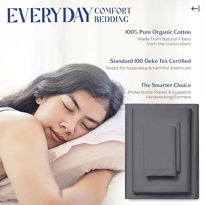Mayfair Linen 100% Organic Cotton Sheets Queen Size - 4 PC Organic Cotton Queen Size Percale Weave Sheet Set, Soft, Cooling, Crisp & Breathable, 16" Deep Pocket Hotel Quality Bedding Set - Dark Grey