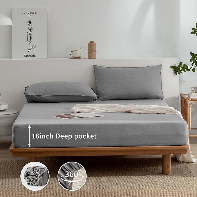 EVERLY Linen Queen Sheets Set, 100% Stonewashed French Linen Bed Sheets Deep Pocket Sheets, 4 Pieces (1 Flat Sheet, 1 Fitted Sheet, 2 Pillowcases) Natural Flax Bedding Set, Light Grey