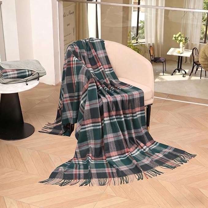 100% Wool Blanket Throw,Green Plaid Wool Blanket with Compact Bag,Rustic Soft Lightweight Blanket for Couch,Sofa,Bed & Lounging Decoration, Warm Travel Blanket for Home, Airplane,Ideal Gifts 55"x83"