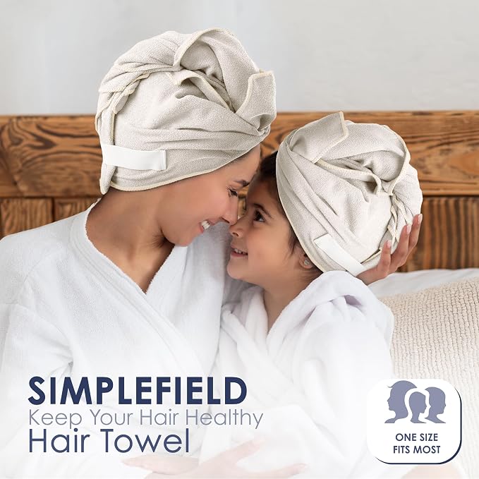 SimpleField Large Microfiber Hair Towel Wrap (27x40 Inches) for Women, Anti-Frizz Flat Rectangle Drying Towel with Full Hair Coverage Design, Elastic Band for Long, Curly and Thick Hair (Beige)