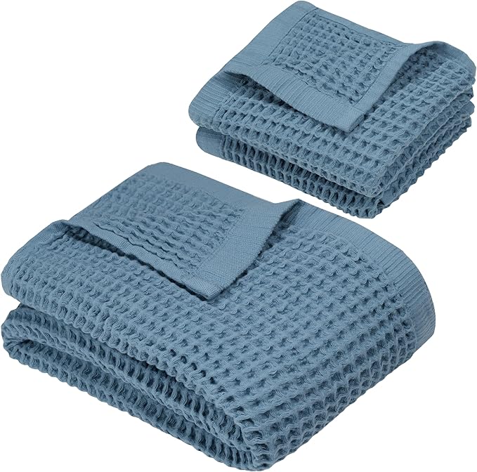 DEMMEX Organic Cotton Waffle Weave Turkish Towel Set for Bathroom, 1 Bath & 2 Large Hand Towels, 100% Oeko-TEX Certified Premium Turkish Cotton, Super Soft Lightweight Quick Dry (Slate Blue)