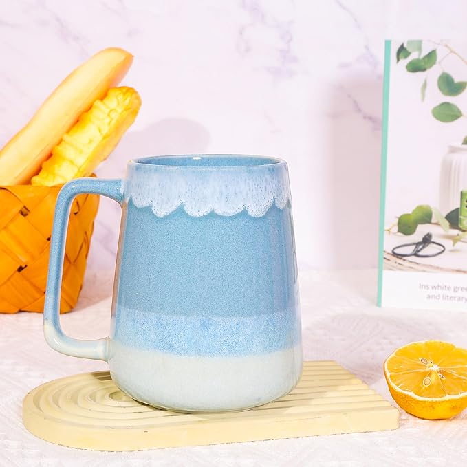 24oz Large Ceramic Coffee Mug with Big Handle, Handmade Kiln Glazed Large Coffee Mug Tea cup, Novelty Mug，Unique Uneven Surface for Office and Home，Microwave and Dishwasher Safe (Light Blue)