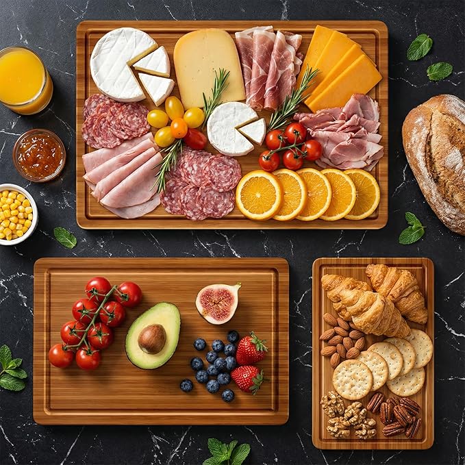 3 Pack Bamboo Cutting Board Set with Non Slip Feet Solid Wood Cutting Boards for Kitchen Non Toxic Wooden Chopping Boards Small Plastic Free Butcher Block Hardwood Serving Cheese Charcuterie Board