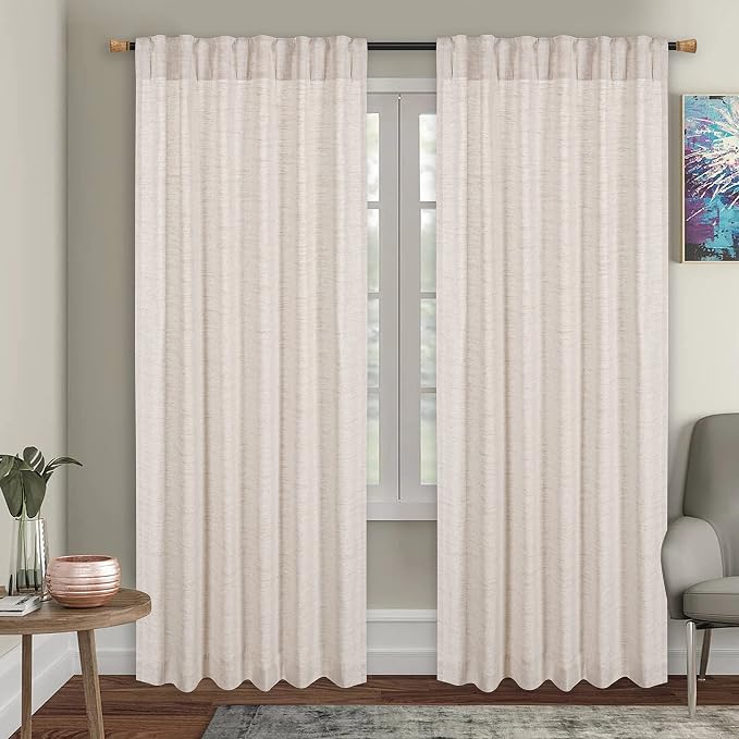 Farmhouse Linen Curtains 50x63 Inch Set of 2 Panels, Natural Flax Poly Slub Tab Top Drapes, Light Filtering Room Darkening Curtains for Bedroom & Living Room – Rustic Natural Window Treatment