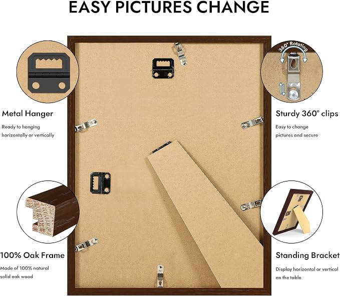 Hongkee 10x13 Oak Wood Picture Frame 1 Pack(Matted 8.5x11) Real Glass Cover | Walnut, 10 x 13 Solid Wood Frame for Wall or Tabletop Display - Includes Easel Back, Vertical Hang - Ideal for Home, Office