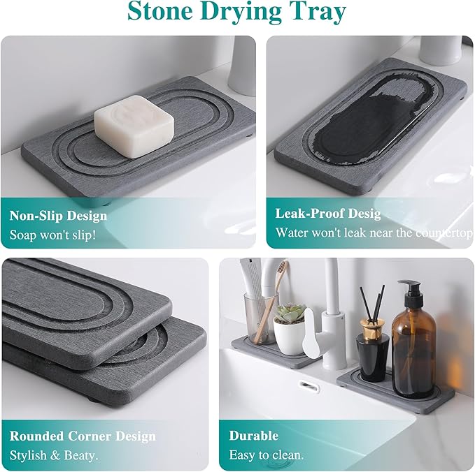 2PCS Water Absorbing Stone Tray for Sink, Quick Drying Diatomite Bathroom Tray Countertop, Stone Drying Mat for Kitchen Counter Faucet, Soap Dish Dispenser Vanity Organizer, Dark Gray-B-7.9" x 4"