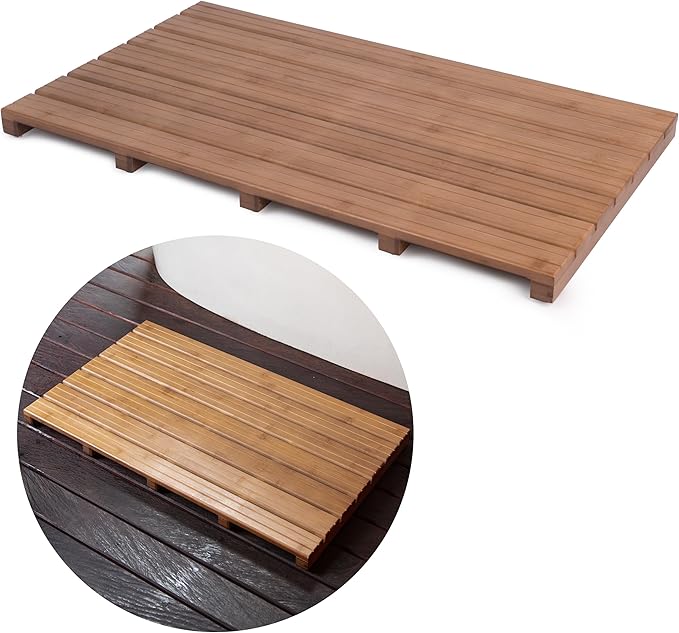 Large Walnut Bamboo Bath Mat – Non-Slip Design Sauna Floor Mat, Secure Grip Pads, Water-Resistant Coating, Durable for Indoor/Outdoor Use, Bamboo Decor