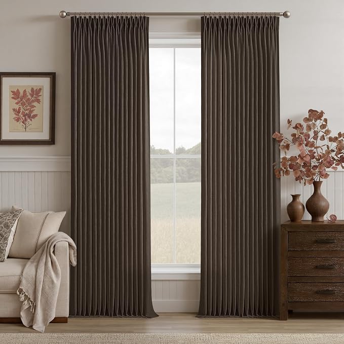Dark Chocolate 105 Inch Pinch Pleated Linen Curtains 2 Panels Set for Living Room Bedroom Boho Farmhouse Light Filtering Semi Sheer Back Tab Pinch Pleat Hooks Rings Window Curtain 105 Inches Long