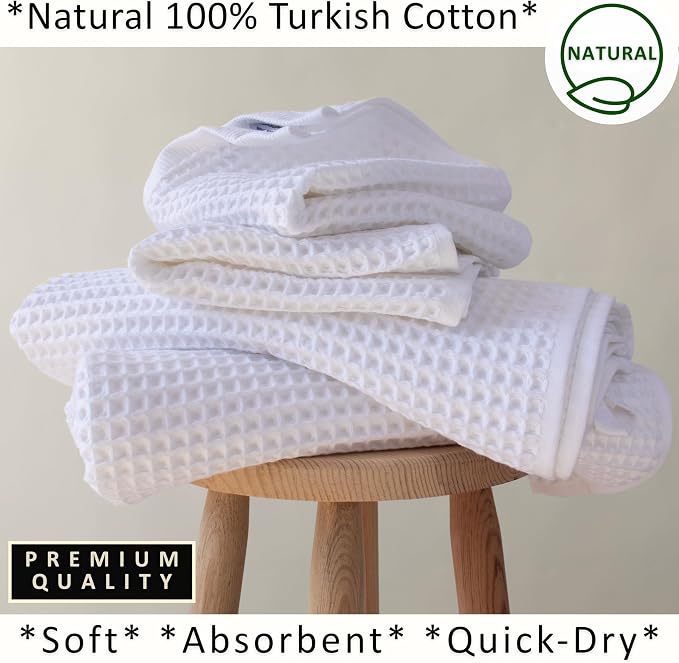 PÜSKÜL 4-Piece Natural 100% Turkish Cotton Luxury Waffle Towels for Bathroom | Premium Quality Honeycomb Weave 2 Hand Towel & 2 Bath Towel Set | Soft Absorbent Quick-Dry Lightweight Towels (White)