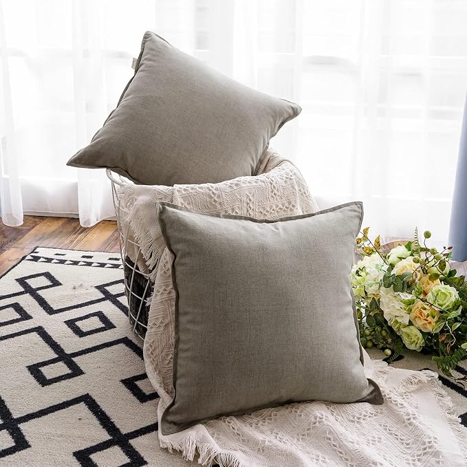 Jeanerlor 18"x18" Solid Cotton Linen Decoration Throw Pillow Case with Zipper Euro Sham Cushion Case Cool Pillow Cover Delicate Decorative Pillowcase for Chair/Bed/Couch,2 Packs, Gray