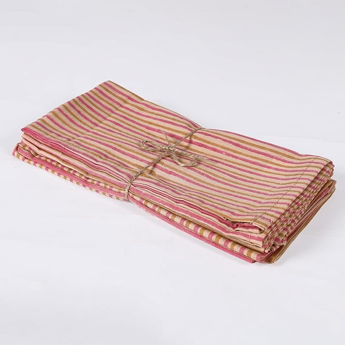 The Home Talk 100% Cotton Fall Cloth Designer Dinner Napkins, Handblock Print, Washable Durable Linen for Everyday Use Wedding Parties Outdoors Thanksgiving I 18 X 18 Inches I Set of 6 | Stripes