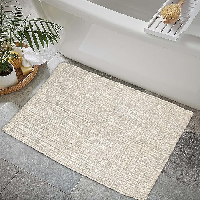 Chardin home Sand & White Cotton Throw Rug, 21x34 Inches Area Rug for Bathroom Kitchen entryway, Reversible Handwoven Rug Machine Washable.