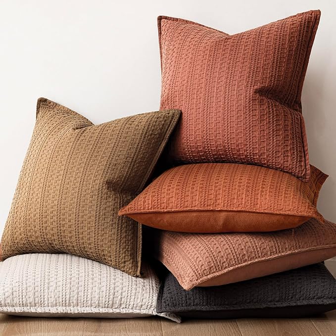 Foindtower Set of 2 Decorative Cotton Waffle Weave Textured Throw Pillow Covers Euro Sham Cushion Covers Accent Pillowcase For Bed Couch Sofa Bedroom Living Room Home Decor 18×18 Inch Fall Rust Orange