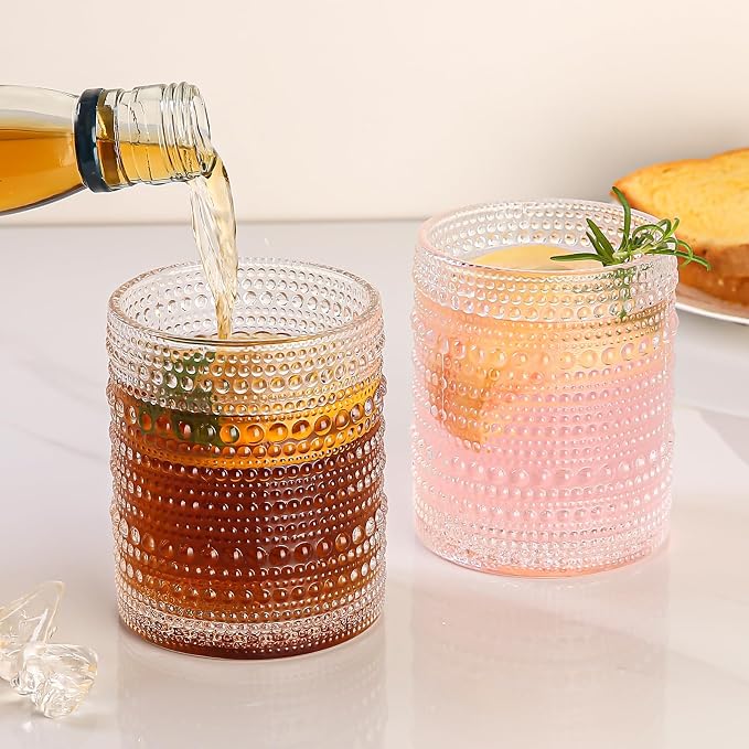 Amyoole 12oz Hobnail Drinking Glasses Set of 6,Clear Vintage Glassware Embossed Water Tumbler,Cocktail Glass Cups for Beer,Whiskey,Juice and Various Mixed Drinks